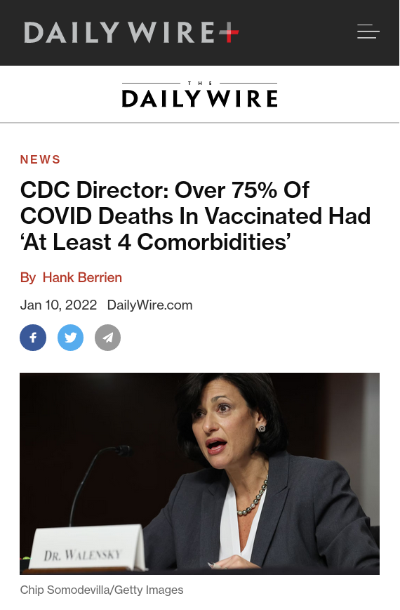 Screenshot of DailyWire news headline: 'CDC Director: Over 75% of COVID Deaths in Vaccinated Had 'at Least 4 Comorbidities''