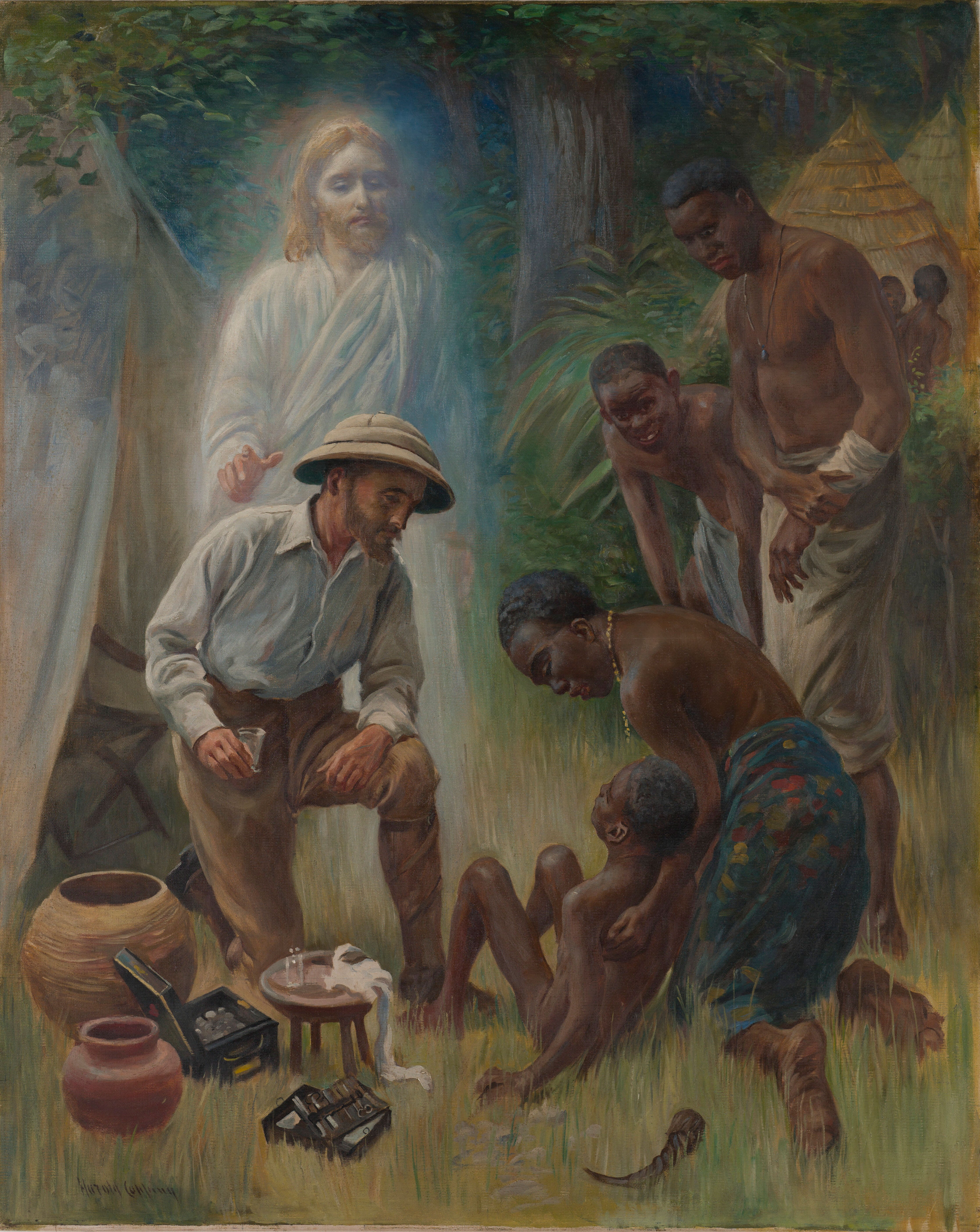 Painting of a light-skinned European missionary in a pith helmet attending to an apparently sick dark-skinned child. Jesus stands glowing as a ghost behind the missionary with his hand on the missionary's shoulder