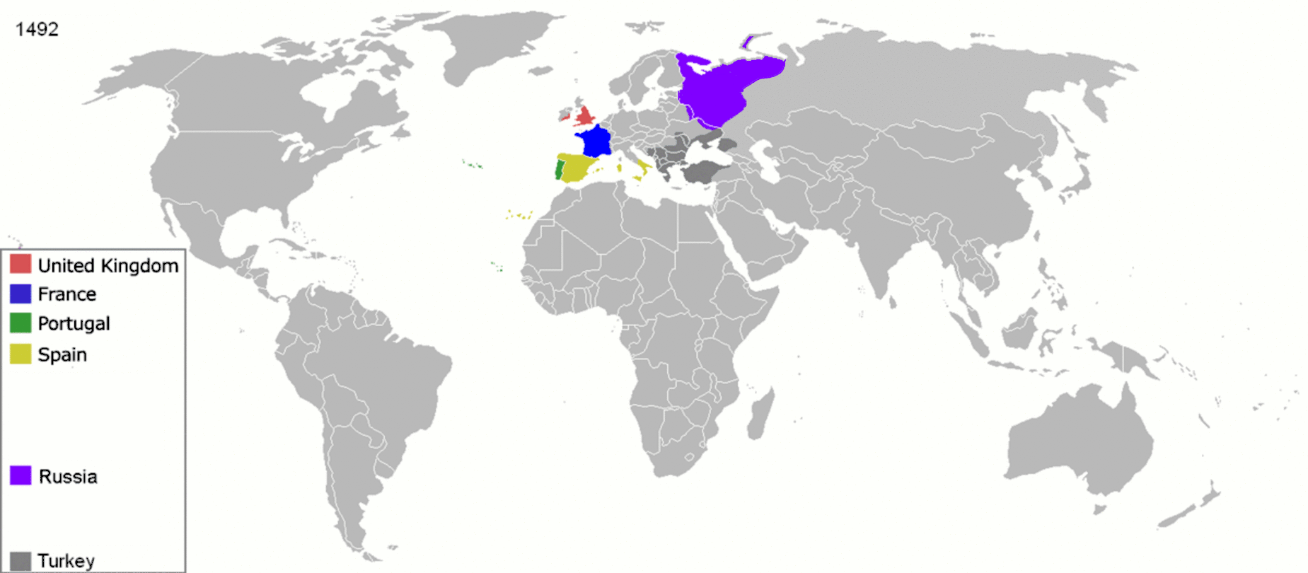 Animation of a world map showing colonial influence of different empires in different colors from the 15th to the 20th century