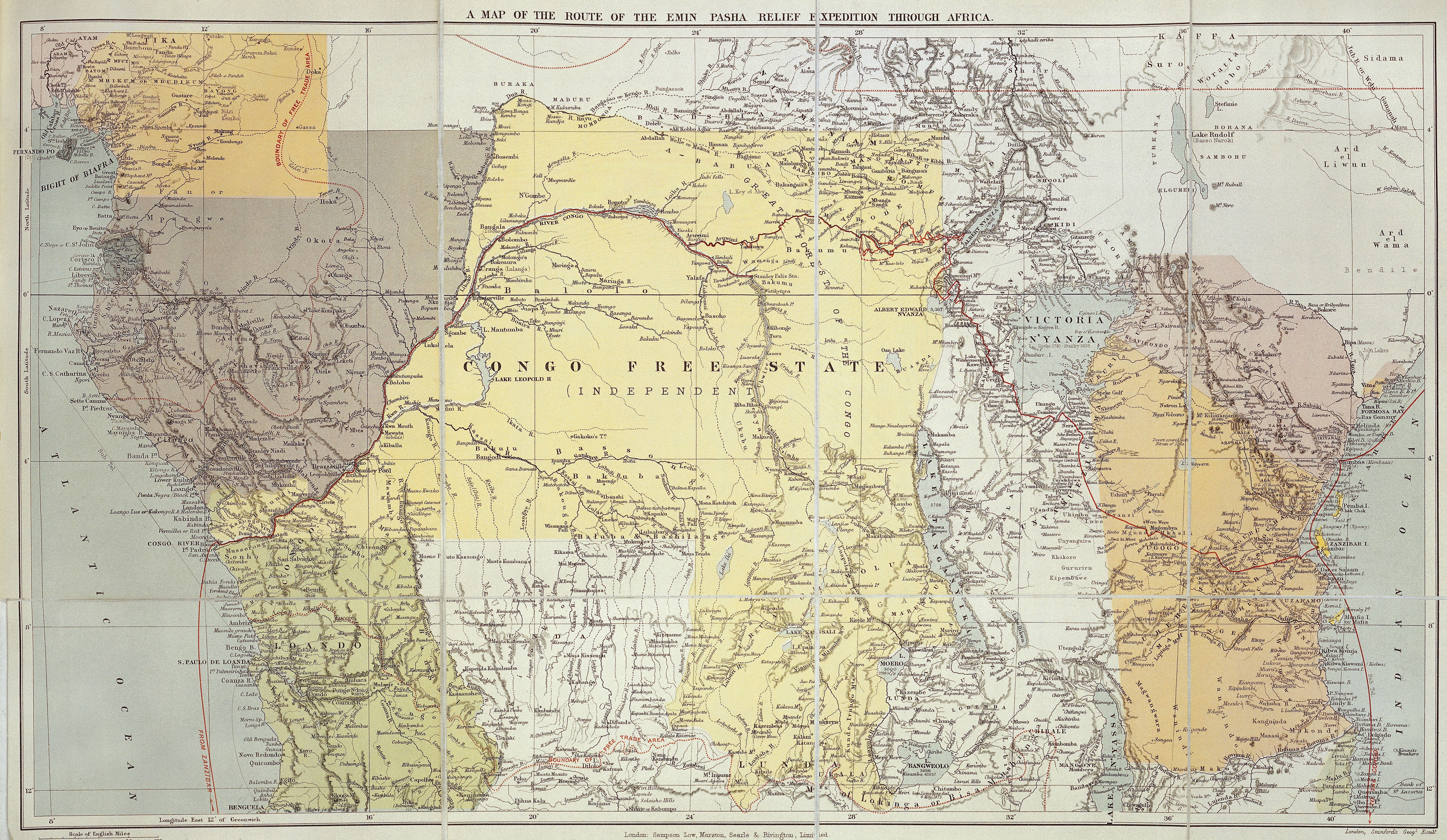 19th century map of central Africa labeled 'a map of the route of the emin pasha relief expidition through Africa'. Prominent in the map is 'Congo Free State (independent)'