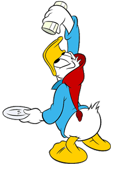 Cartoon duck (Donald Duck) holding an empty plate and looking into an empty upturned cup.