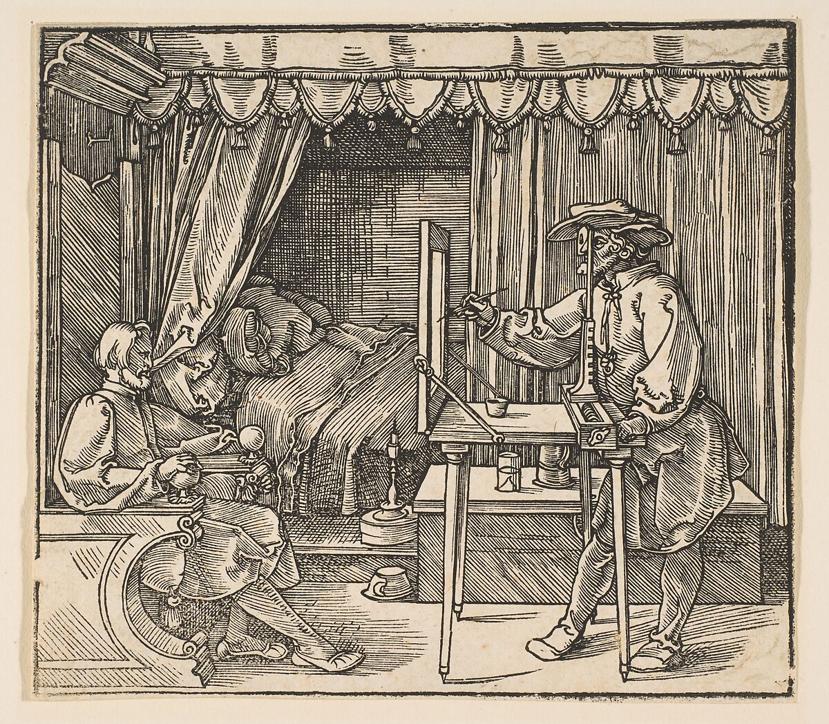 Renaissance woodcut print of an artist using a wooden frame to paint a man seated in an ornate chair