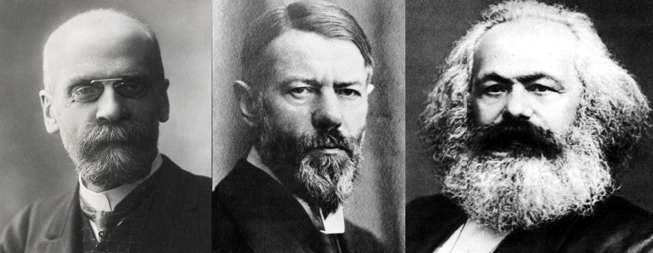 three early-20th-century photographic portraits of Durkheim, Weber, and Marx