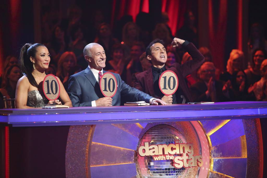 Screenshot of judges from Dancing with the Stars all holding up signs awarding 10 points