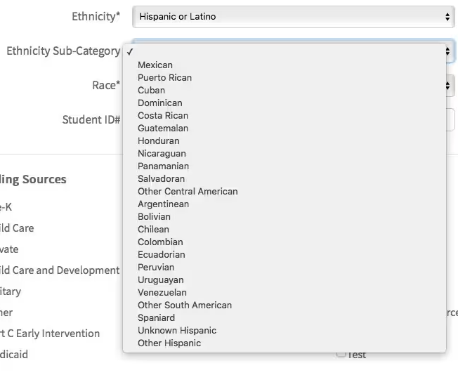 A screenshot of a website with dropdown menus for ethnicity, ethnicity sub-category, and race. The ethnicity sub-category menu is open and lists many ethnicities.