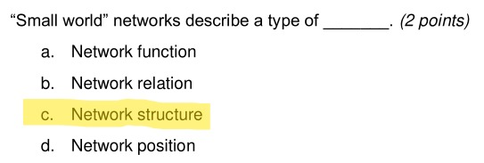 Multiple choice question: 'Small world networks describe a type of ___________'. Four response options: 'Network function', 'Network relation', 'Network structure', 'Network position'. The third option, 'Network structure', is highlighted in yellow.