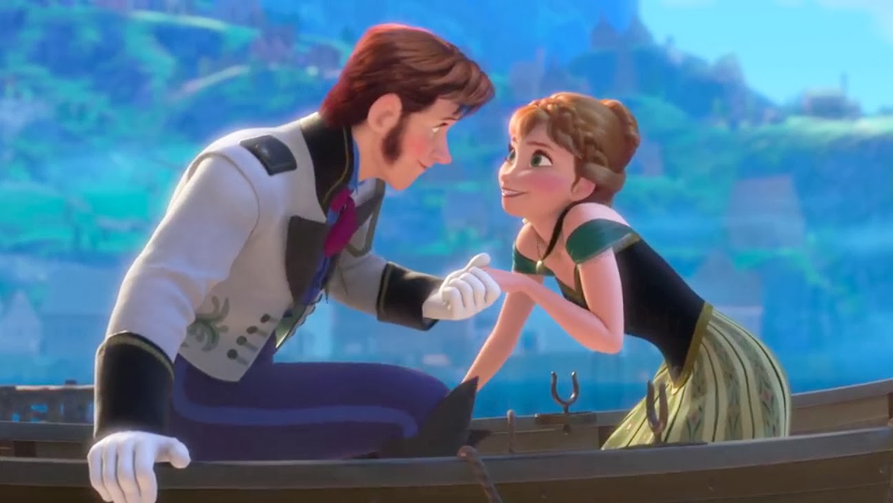 screenshot from Disney's Frozen. Anna and Hans hold hands in a boat gazing into each others' eyes