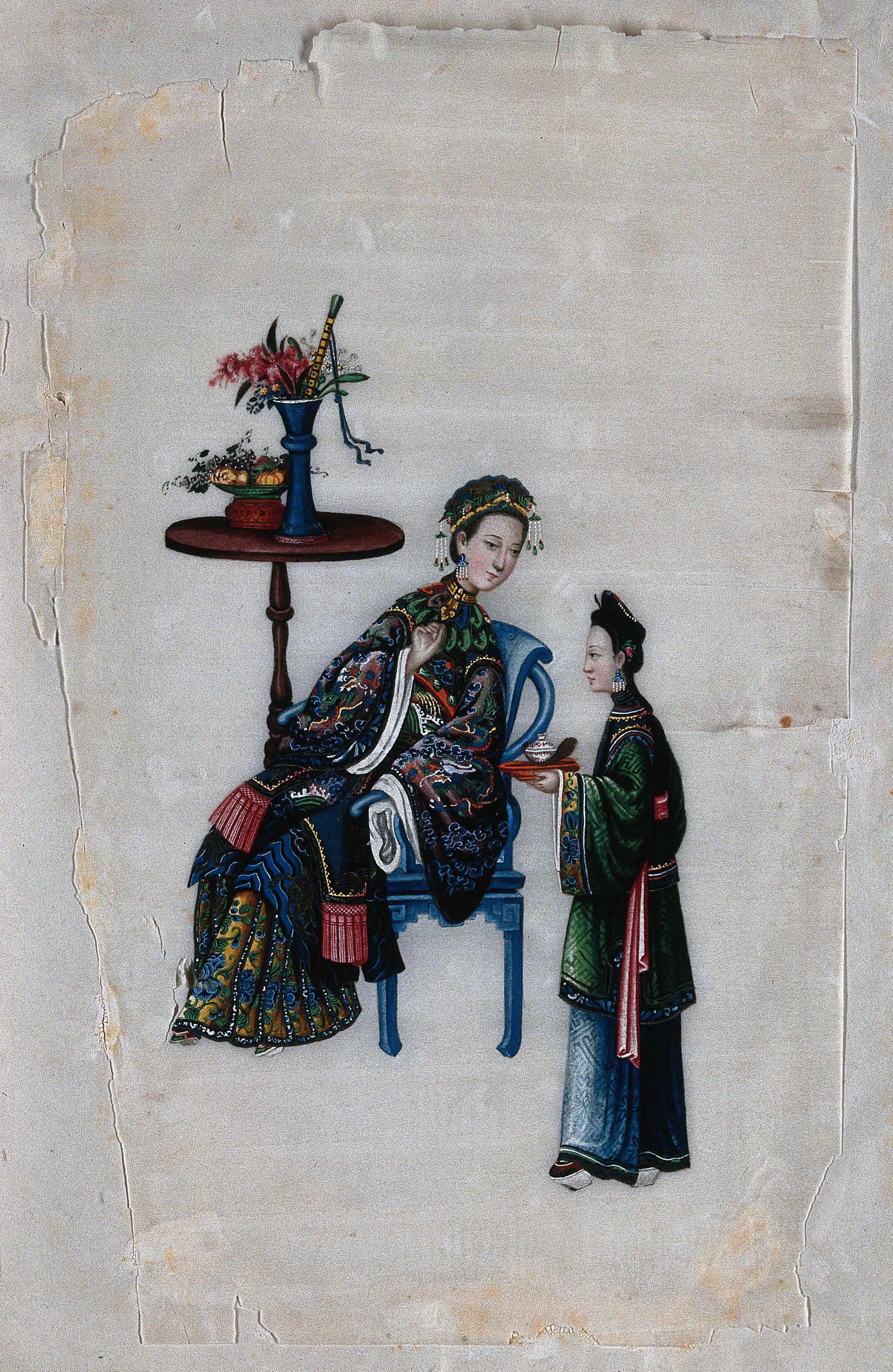 Mid-19th century painting of a Chinese lady, attended by servant with tray. The servant is about half the size of the lady.