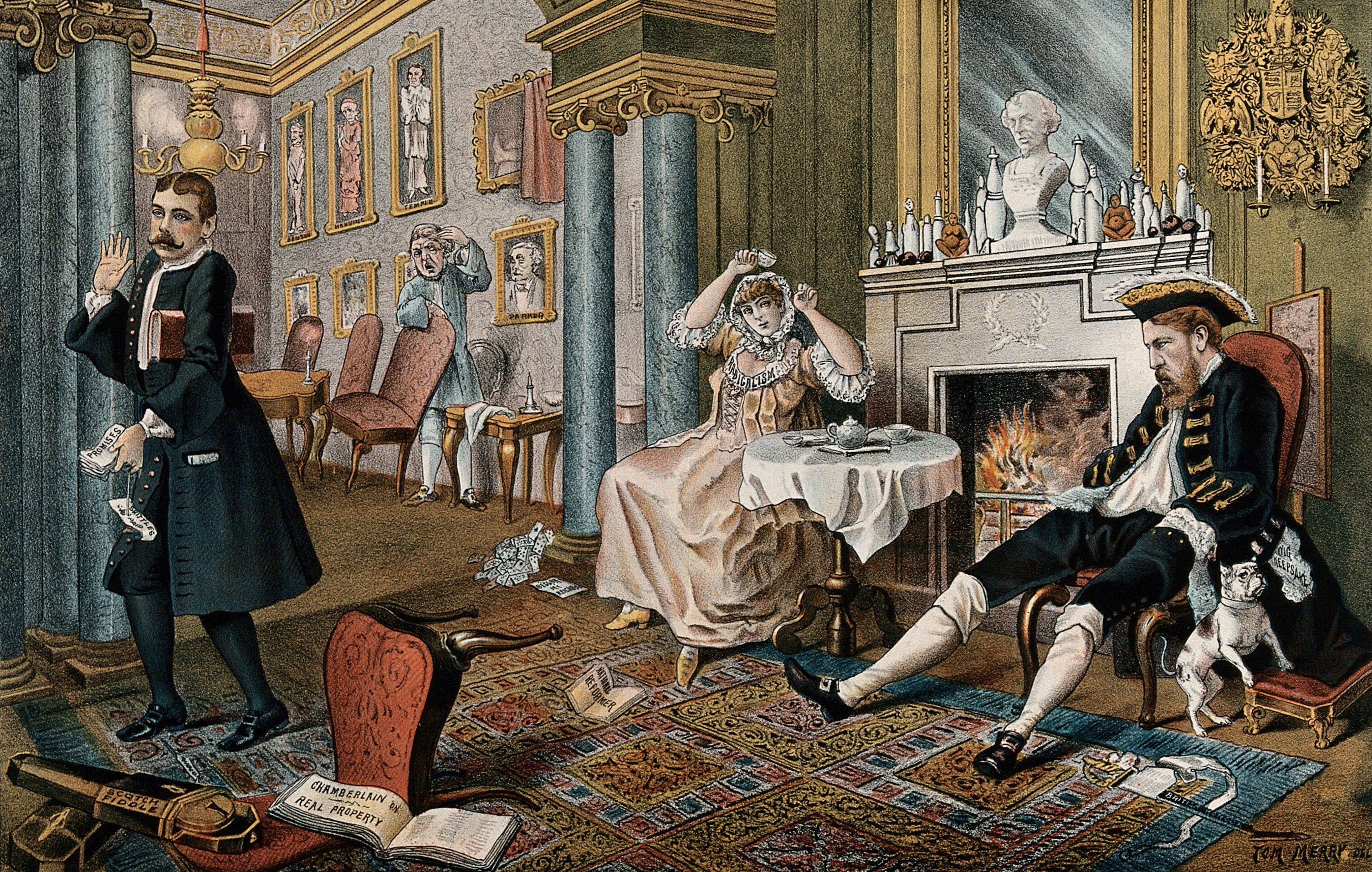 19th-century cartoon of three nobles in a fancy room. There are signs of a debaucherous party such as turned over chairs and hung-over expressions on faces