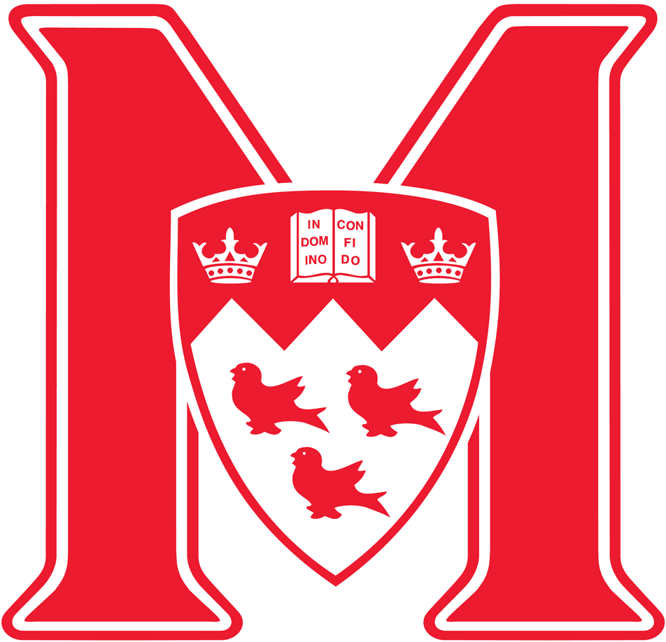 McGill sports logo. A large red 'M' with the McGill crest in front of it