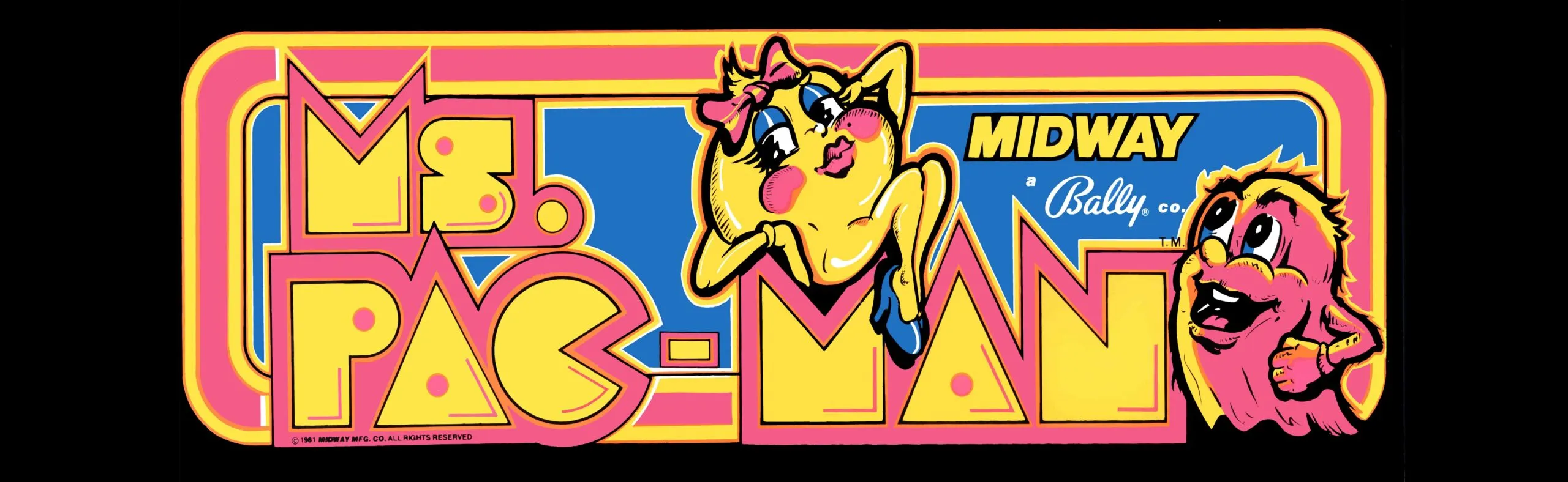 Ms. Pac-Man logo from the 1980s. Features a drawing of a heavily feminized Pac-Man with a bow on her head, blue eyeshadow, long eyelashes, red cheeks, red lipstick, high-heal shoes, and doing a sexy pose. There is a red ghost oggling her.