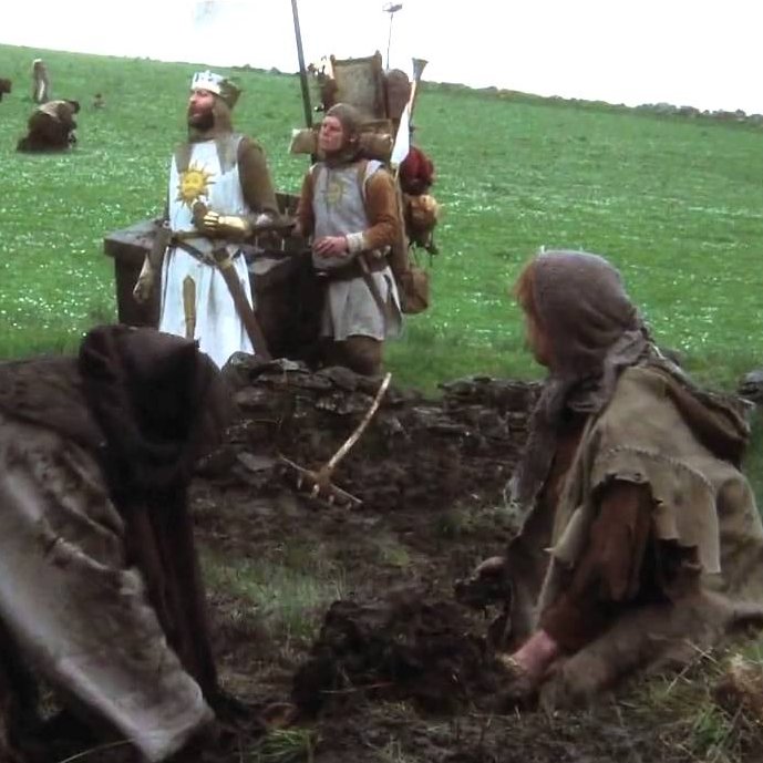 Screenshot for Monty Python and the Holy Grail, framing King Arthur talking two two mud farmers in an open field.