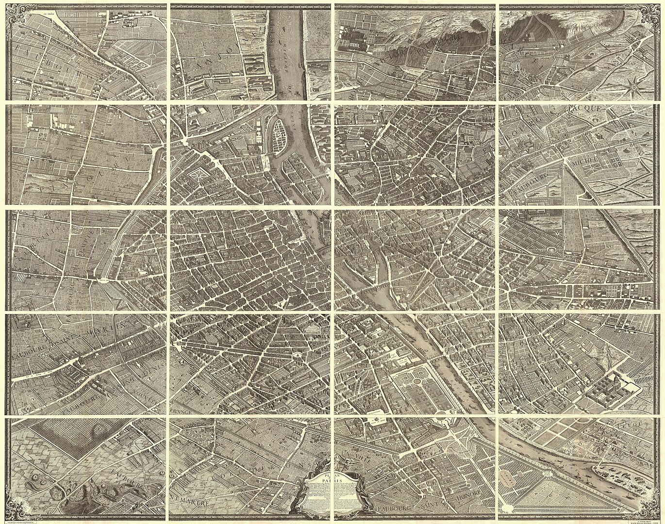 Antique map of paris, divided into sections