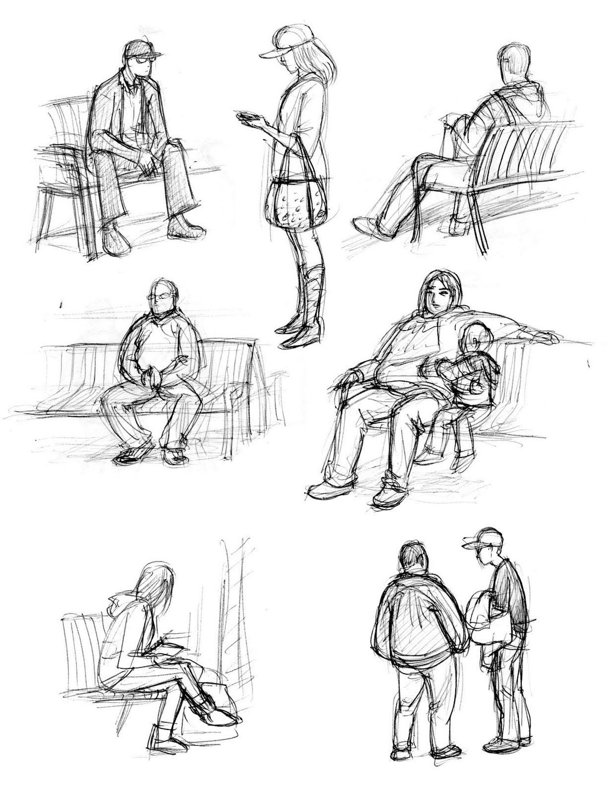 A series of pencil sketches of people and pairs of people. Faces are vague but they have expressive postures. Several are sitting on park benches