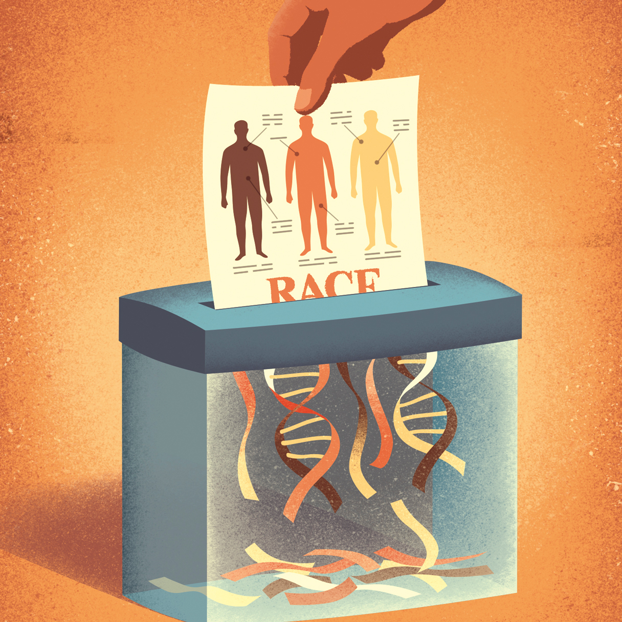 Stylized illustration showing a sheet of paper labeled 'RACE' with diagrams of three human figures of different tones with illegible labels. The paper is being fed into a shredder, and the shreds that are emerging form abstracted DNA double helices.
