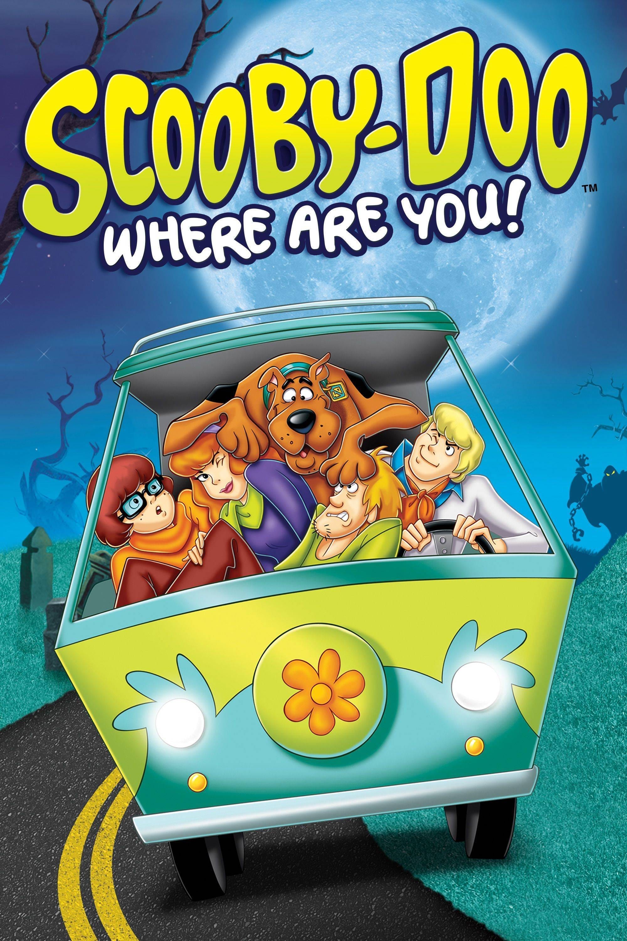 Poster for the 1969 TV show 'Scooby-Doo Where Are You' showing a flower-power van with four humans and a large dog