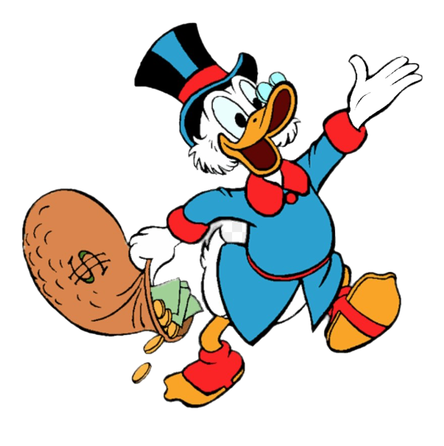 Cartoon duck (Scrooge McDuck) wearing a top hat smiling and holding a bag with a dollar sign on it with coins and bills spilling out.