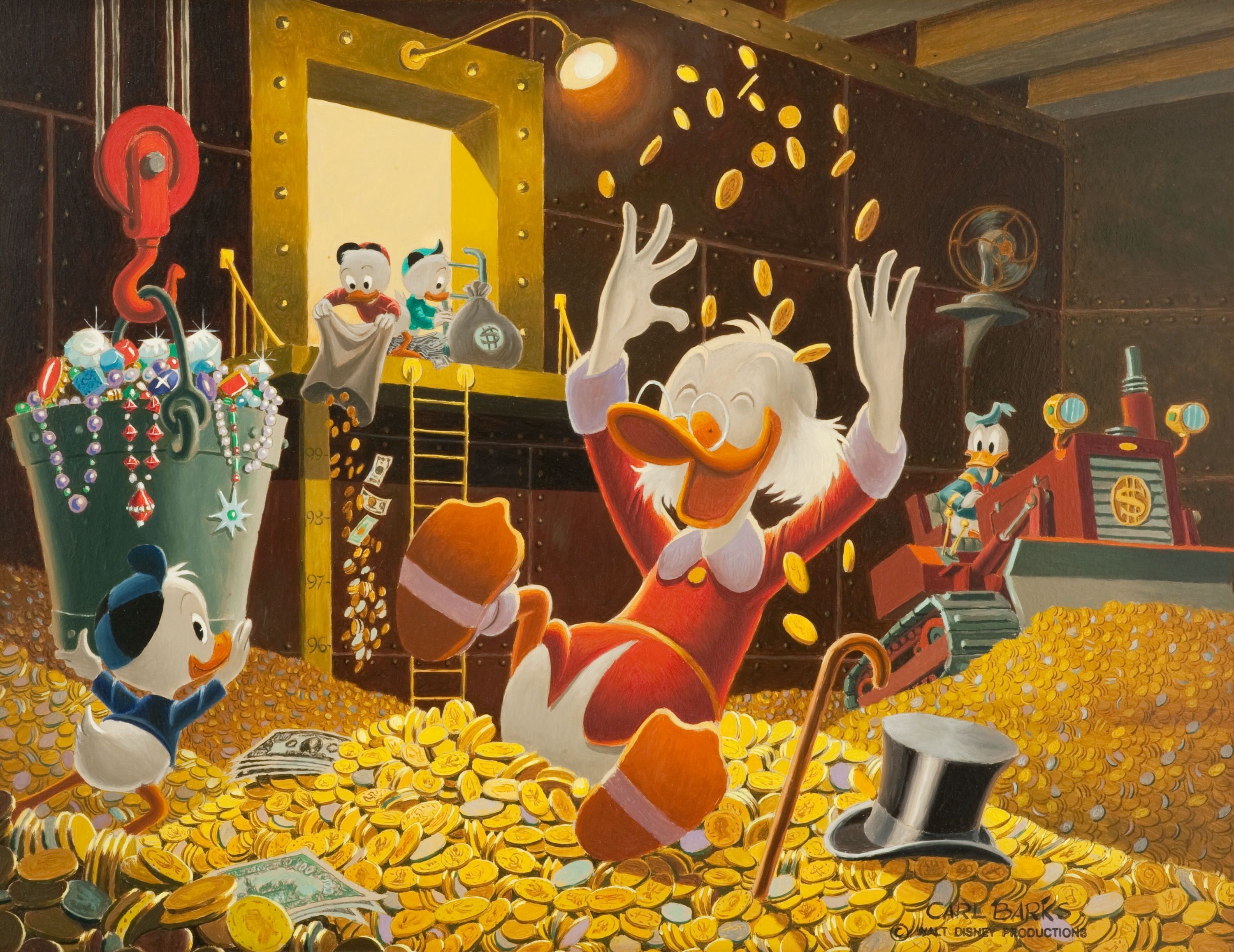 Cartoon drawing of a duck (Scrooge McDuck) joyously playing in giant piles of gold coins. Behind him three other ducks (Donald and his three nephews) help pile the gold in using bulldozers, cranes, and other tools.