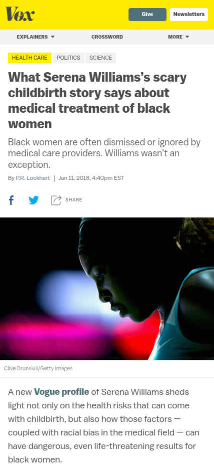 Screenshot of a Vox article. title: What Serena William's scary childbirth story says about medical treatment of black women. Featerus a photo of Serena Williams.