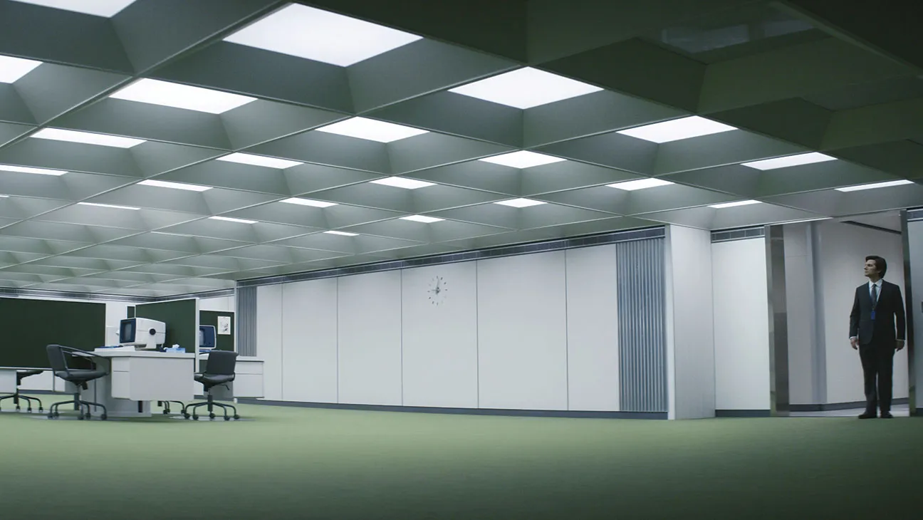 A man stands in a large sterile room with a single set of office desks in the center