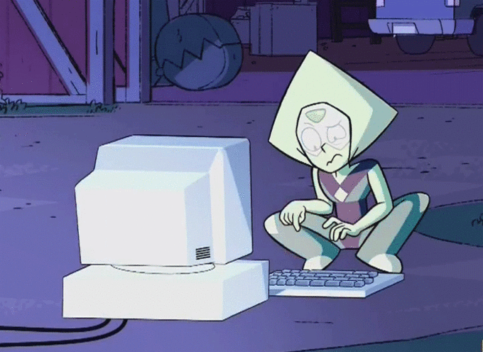 Animation from Steven Universe. Peridot types on a computer with a confused look on her face