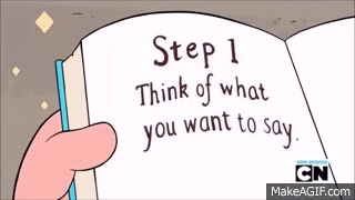 Animation from Steven Universe. Steven is reading a book called 'How to talk to people'. Pages say 'Step 1: think of what to say' and 'Step 2: say it'
