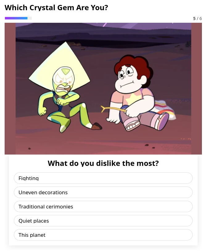 Screenshot of an online quiz called 'Which Crystal Gem Are You?'