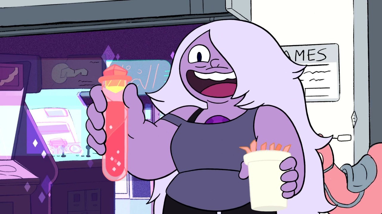 Screenshot from Steven Universe: Amathyst holds a vial full of red bubbling liquid and a cup full of fries
