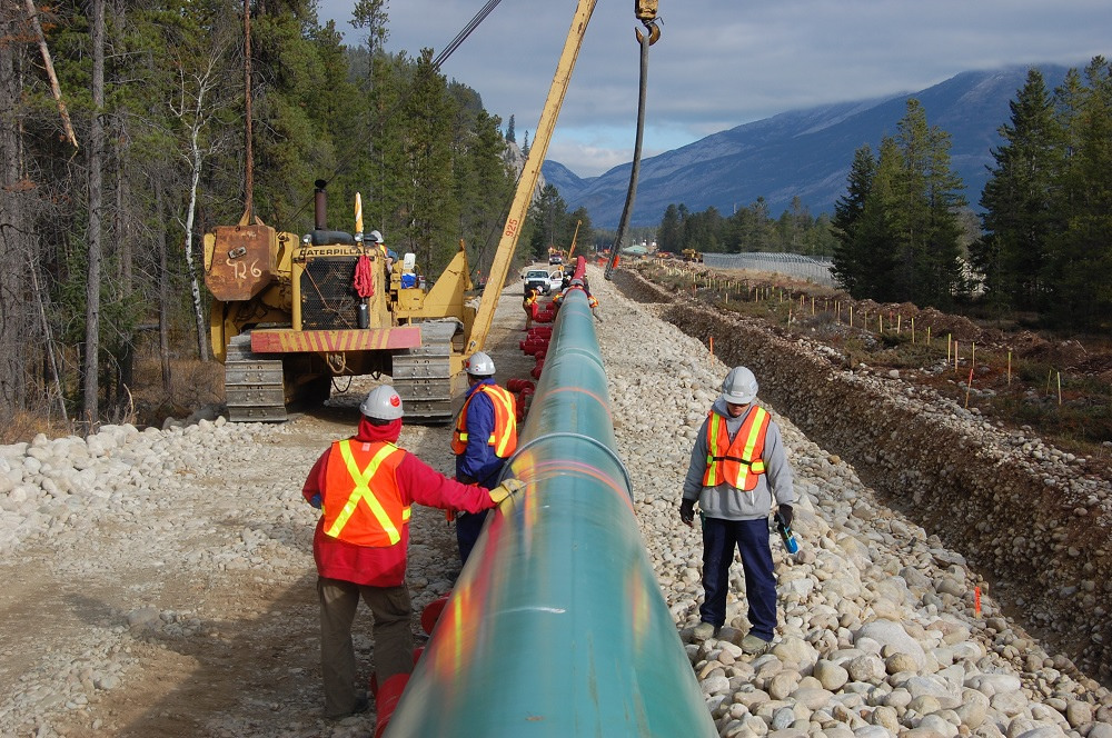 construction workers laying a blue oil pipeline through tree-covered mountains