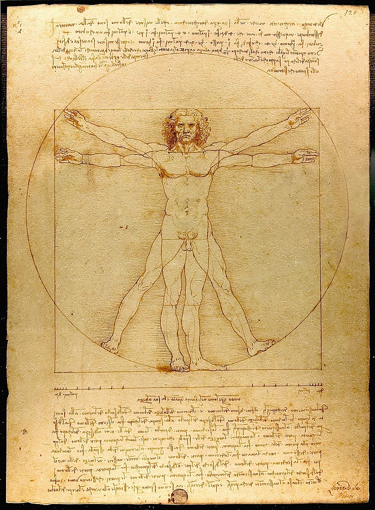 Leonardo di Vinci's Vitruvian Man. A drawing on yellowed paper of a human incribed in a circle with arms and legs represented multiple times, fitting into the circle at different points.